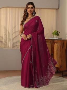 Libas - Pink Floral Embellished Tissue Saree