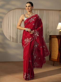 Libas - Red Sequin Zari Saree With Embellished Border And Blouse Piece