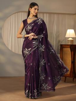 Libas - Purple Sequin Zari Saree With Embellished Border And Blouse Piece