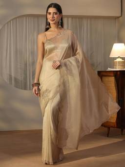 Libas - Beige Peacock Stone Work Saree With Embellished Border And Blouse Piece