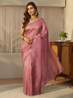 Libas - Pink Peacock Stone Work Saree With Embellished Border And Blouse Piece