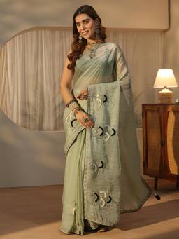 Libas - Green Zari Floral Saree With Embroidered Border And Blouse Piece