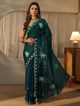 Libas - Green Zari Floral Saree With Embroidered Border And Blouse Piece