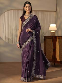 Libas - Purple Zari Floral Saree With Embroidered Border And Blouse Piece