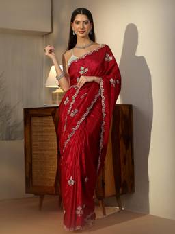 Libas - Red Zari Floral Saree With Embroidered Border And Blouse Piece