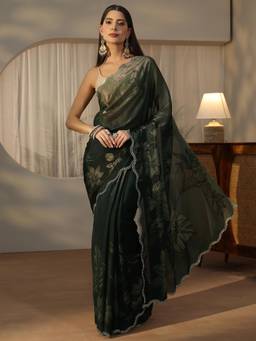 Libas - Green Floral Saree With Embellished Border And Blouse Piece