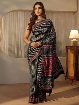 Libas - Multi Ethnic Mirror Work Saree With Ethnic Motifs Border And Blouse Piece