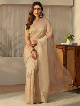 Libas - Cream Floral Stone Work Saree With Embellished Border And Blouse Piece