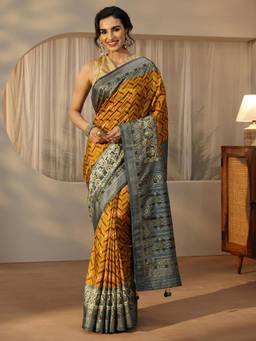 Libas - Mustard Chevron Saree With Printed Border And Blouse Piece