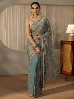 Libas - Blue Floral Beads Sequin Saree With Embellished Border And Blouse Piece