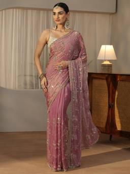 Libas - Pink Floral Beads Sequin Saree With Embellished Border And Blouse Piece