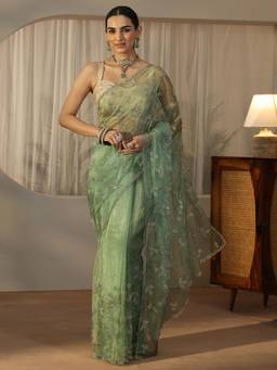 Libas Art - Green Floral Stone Work Saree With Embellished Border And Blouse Piece
