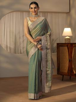Libas - Green Solid Saree With Stone Work Embroidered Border And Blouse A Piece