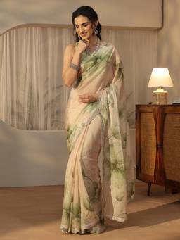 Libas - Green Floral Saree With Embellished Border And Blouse Piece