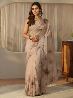 Libas - Beige Floral Saree With Embellished Border And Blouse Piece