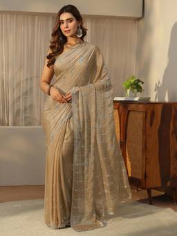Libas - Gold Stone Work Saree With Embellished Border And Blouse Piece