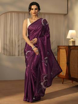 Libas - Wine Floral Beads Sequin Patch Work Saree With Embellished Border And Blouse Piece
