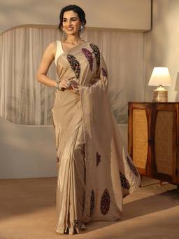 Libas - Beige Embroidered Saree With Embellished Border And Blouse Piece