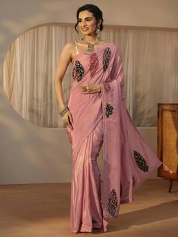Libas - Pink Embroidered Saree With Embellished Border And Blouse Piece