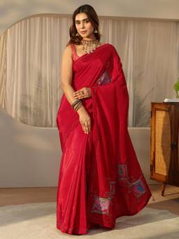 Libas - Red Embroidered Saree With Embellished Border And Blouse Piece