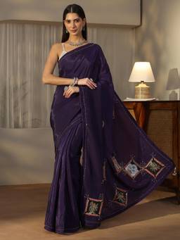 Libas - Purple Embroidered Saree With Embellished Border And Blouse Piece