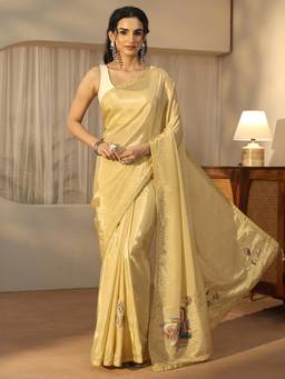 Libas - Yellow Embroidered Saree With Embellished Border And Blouse Piece
