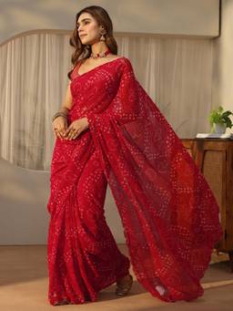 Libas - Red Bandhani Saree With Embellished Border And Blouse Piece