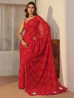 Libas - Red Bandhani Saree With Embellished Border And Blouse Piece