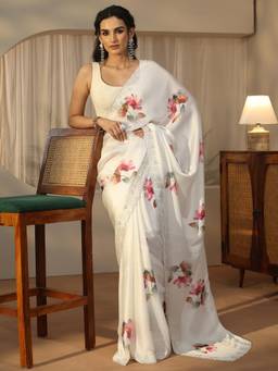 Libas - Cream Floral Saree With Embellished Border And Blouse Piece