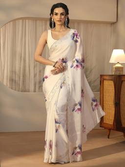 Libas - Cream Floral Saree With Embellished Border And Blouse Piece