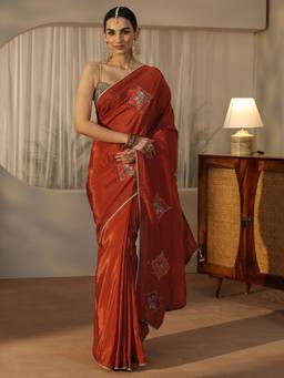 Libas - Rust Patch Work Embroidered Saree With Embellished Border And Blouse Piece