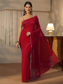Libas - Red Floral Stone Work Saree With Embellished Border And Blouse Piece