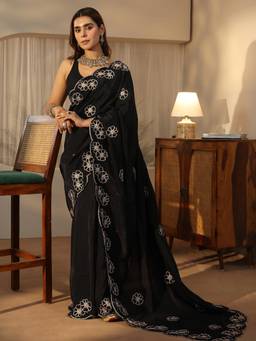 Libas - Black Floral Beads Embroidered Saree With Embellished Border And Blouse Piece