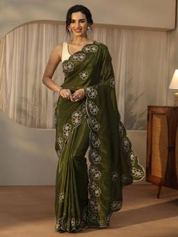 Libas - Green Floral Beads Embroidered Saree With Embellished Border And Blouse Piece