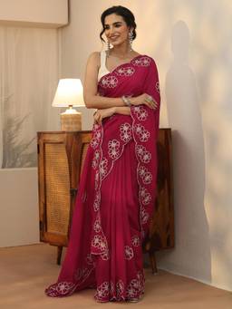 Libas - Pink Floral Beads Embroidered Saree With Embellished Border And Blouse Piece
