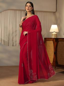 Libas - Red Floral Stone Work Saree With Embellished Border And Blouse Piece