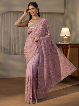 Libas - Lavender Floral Stone Work Saree With Embroidered Border And A Blouse Piece
