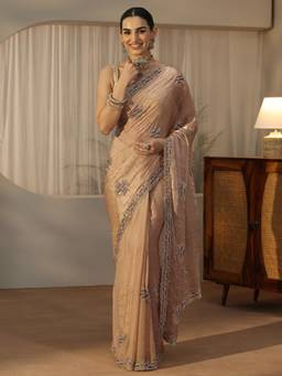 Libas Art - Beige Stone Work Saree With Embellished Border And Blouse Piece