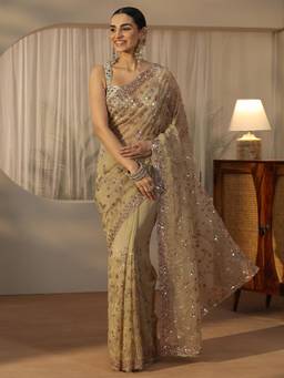 Libas Art - Green Floral Beads Floral Saree With Embellished Border And Blouse Piece