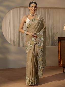 Libas - Beige Floral Stone Work Saree With Embroidered Border And Blouse Piece