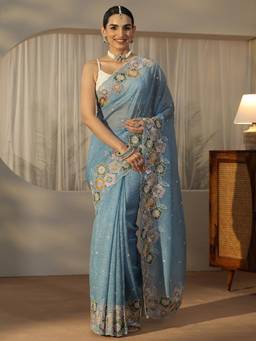 Libas - Blue Floral Stone Work Saree With Embroidered Border And Blouse Piece