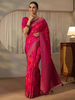 Libas Art - Pink Floral Zari Saree With Woven Design Border And Blouse Piece