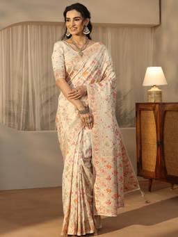 Libas Art - Cream Ethnic Motifs Woven Design Saree With Woven Design Border And Blouse Piece