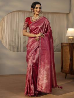 Libas Art - Pink Floral Woven Design Saree With Beads Sequins Embroidered Border And Blouse Piece