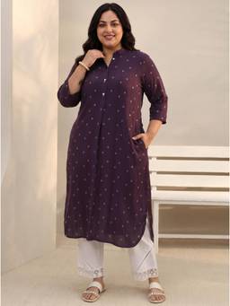 Extra love by Libas - Plus Size Burgundy Zari Woven Design Straight Kurta With Pocket