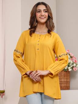 Libas - Yellow Solid Front Pleat Straight Tunic With Puff Sleeves
