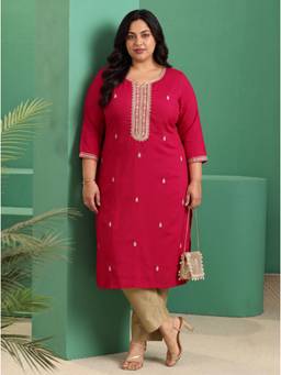 Extra love by Libas - Plus Size Red Ethnic Motif Zari Embroidered Straight Kurta With Lining