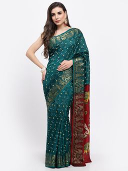 KISHORI - Women Bandhani With Zari Weaving Silk Saree & Blouse Green with Unstitched
