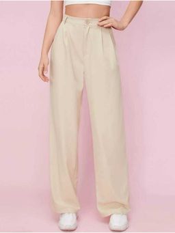 BROADSTAR - Women High-Rise Stretchable Beige color Baggy Fit Korean Trouser
