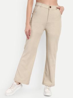 BROADSTAR - Women High-Rise Stretchable Light Beige color Straight Fit Corduroy Trouser